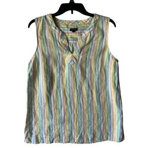 Talbots 100% Linen Pastel Stripe Sleeveless Top M Multicolor Split Neck Summer